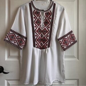 Embroidered Traditional Cultural White and Red Women's Top Size XL